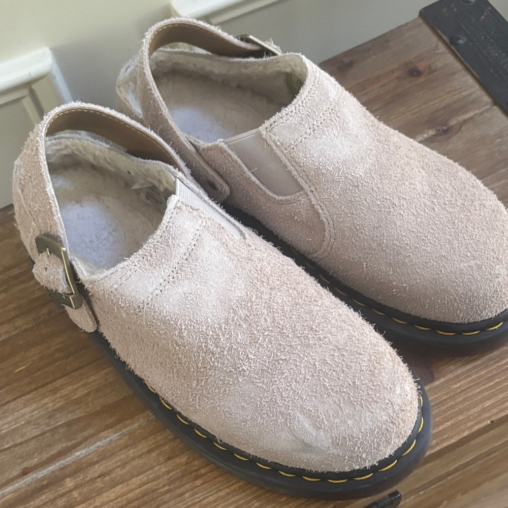 Dr. Martens Light Beige Suede Clog Mules with Buckle